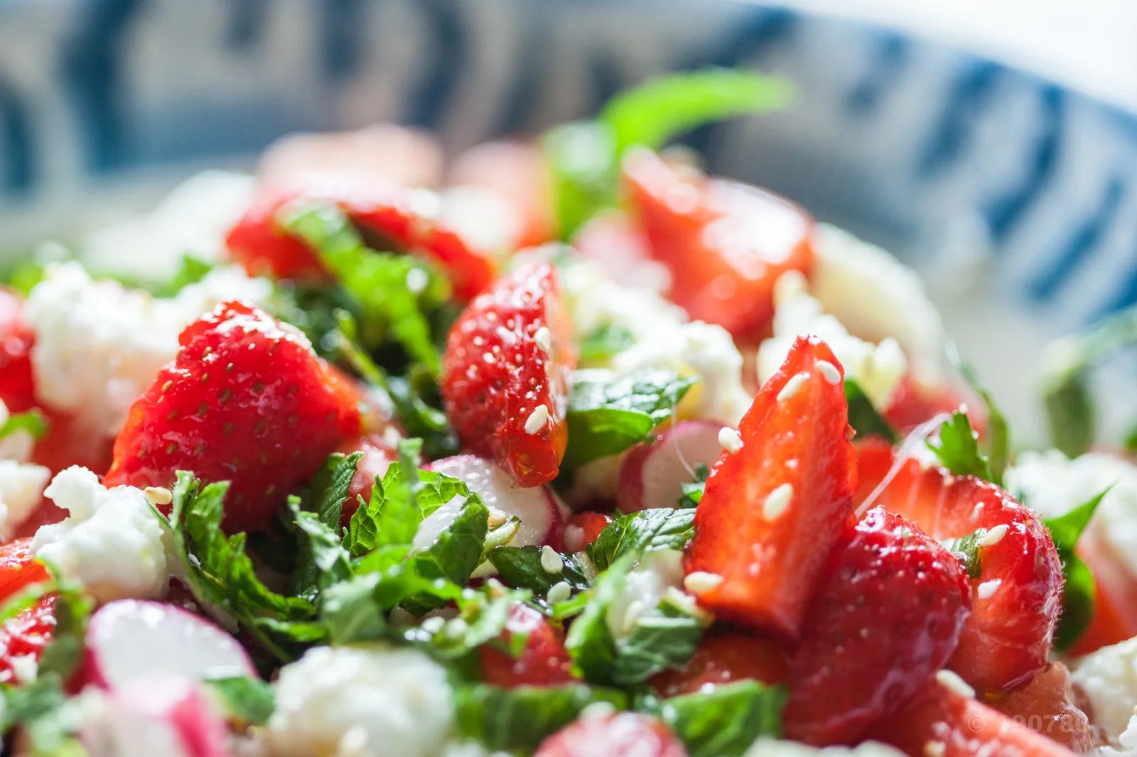 Salade fraiche de fraises, tomates, concombre, mozzarella et radis